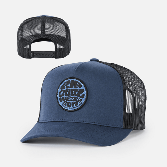 Rip Curl Wetsuit Icon Trucker Cap with black mesh back and navy front  with woven badge and curved peak, available at Stewart’s Menswear Mullumbimby.