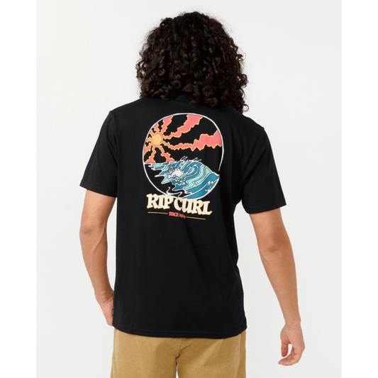 Stewarts Menswear RipCurl Hazed and Tubed T-shirt. Photo shows model wearing Rip Curl Hazed and Tubed Tee Shirt, back view. Colour is black. Features large round print on back with waves and sun.