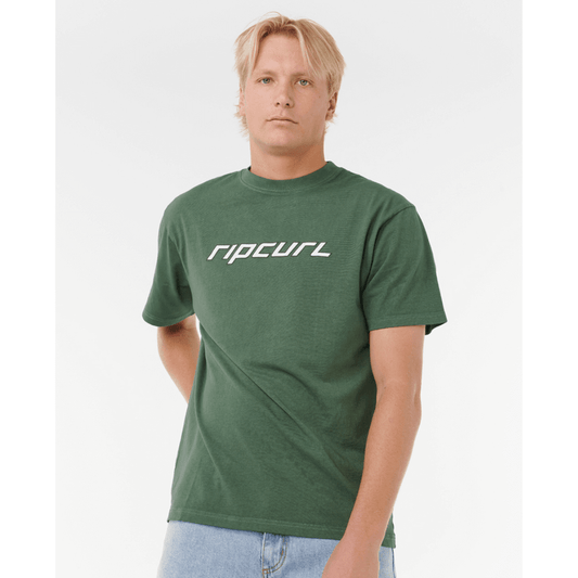 Rip Curl Nu Dosed Tee available at Stewart’s Menswear Mullumbimby. Men’s loose fit cotton tee with puff print Rip Curl logo. Colour is mountain green.