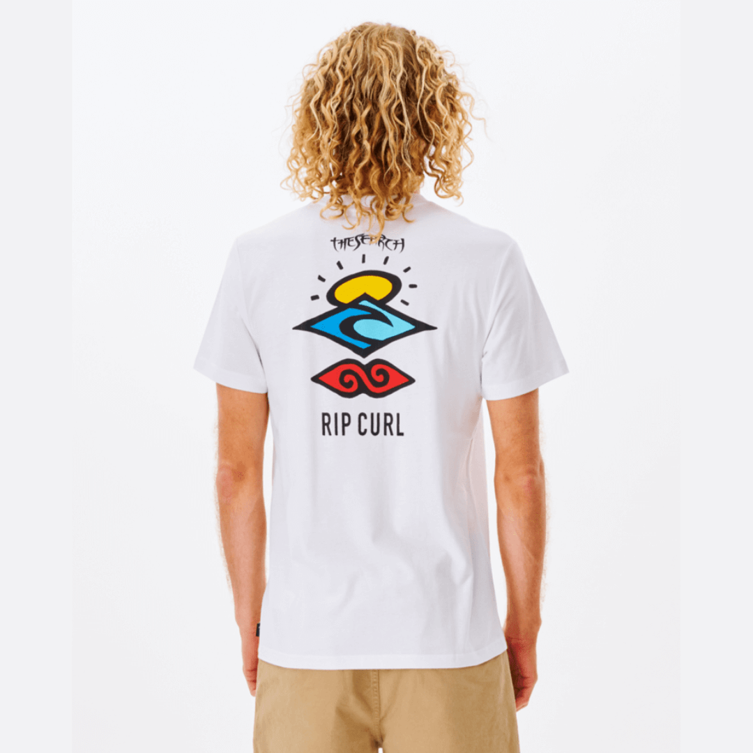 Stewarts Menswear Rip Curl Search Icon T-shirt. Colour is White. Photo shows back view of model wearing Rip Curl Search Icon Tee.