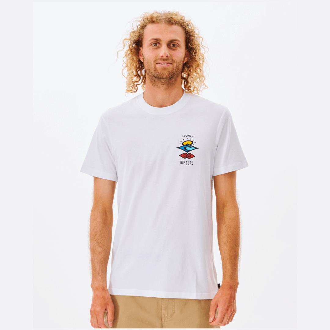 Stewarts Menswear Rip Curl Search Icon T-shirt. Colour is White. Photo shows front view of model wearing Rip Curl Search Icon Tee with small left chest print.