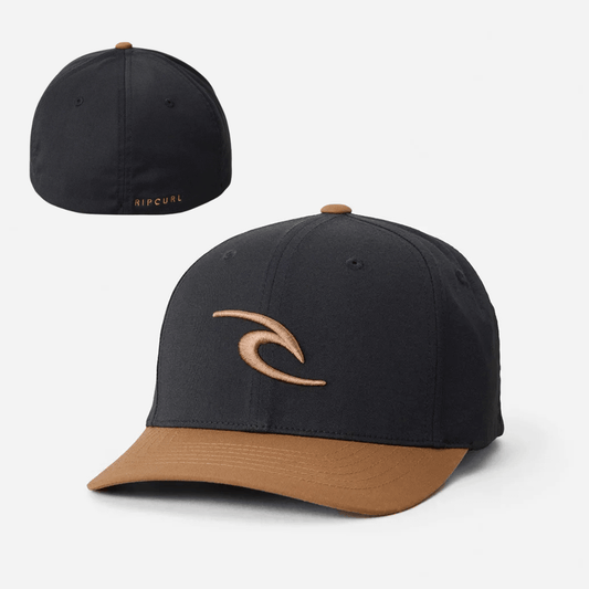 Stewarts Menswear, Mullumbimby. Product photo of Rip Curl Tepan 2.0 Flexfit Cap. Cap Colour is black with tan coloured peak and tan coloured embroidered Rip Curl logo on front. Flexfit Cap - One size fits most.