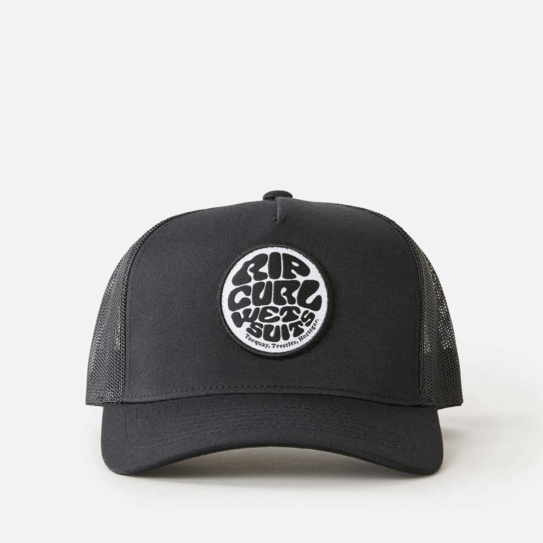 Stewarts Menswear Rip Curl wetsuit icon trucker cap. Colour is black with embroidered Rip Curl Wet Suits logo. Classic mesh back one size fits all trucker style.