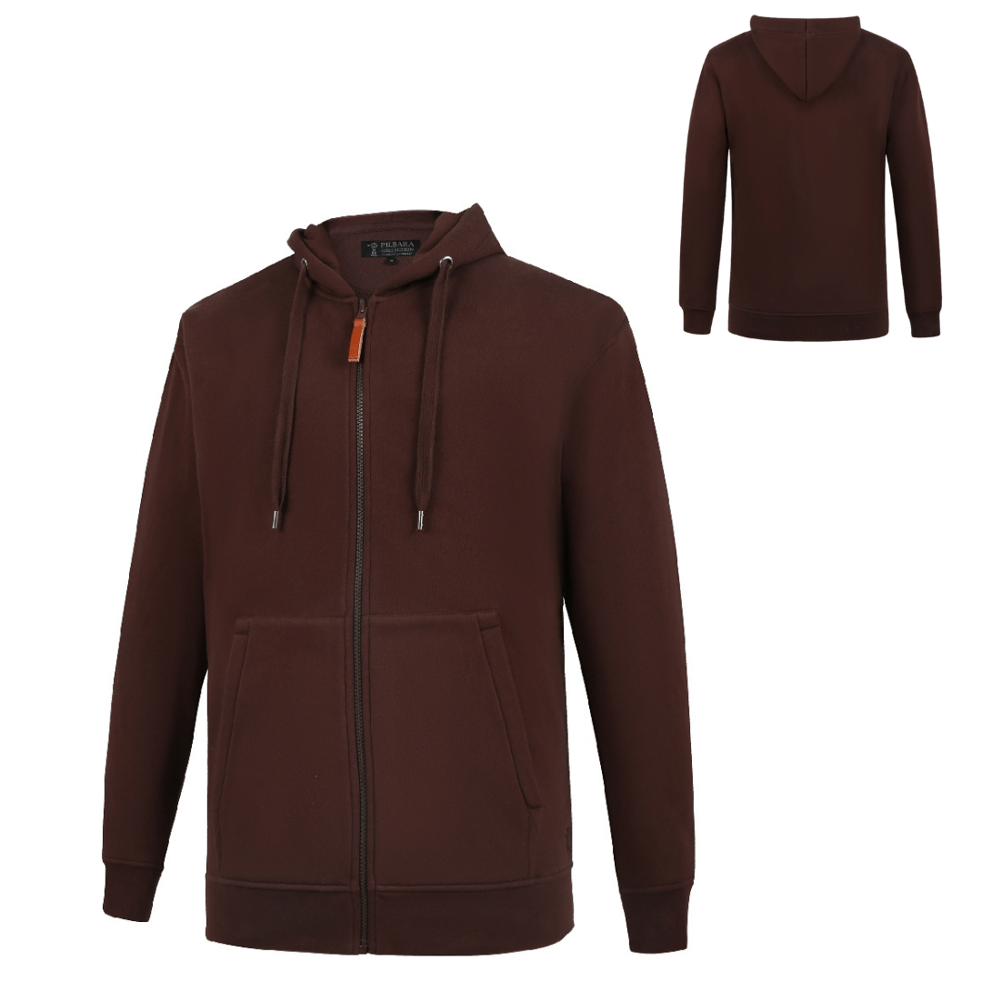 Stewarts Menswear Ritemate Men's classic zip through fleece hoodie. Colour is Coffee Bean. Made from a blend of 80% cotton and 20% polyester fleece, these hoodies provide both warmth and durability, weighing in at a comfortable 310gsm. The hoodie features the Pilbara "Windmill" embroidery and a ribbed cuff