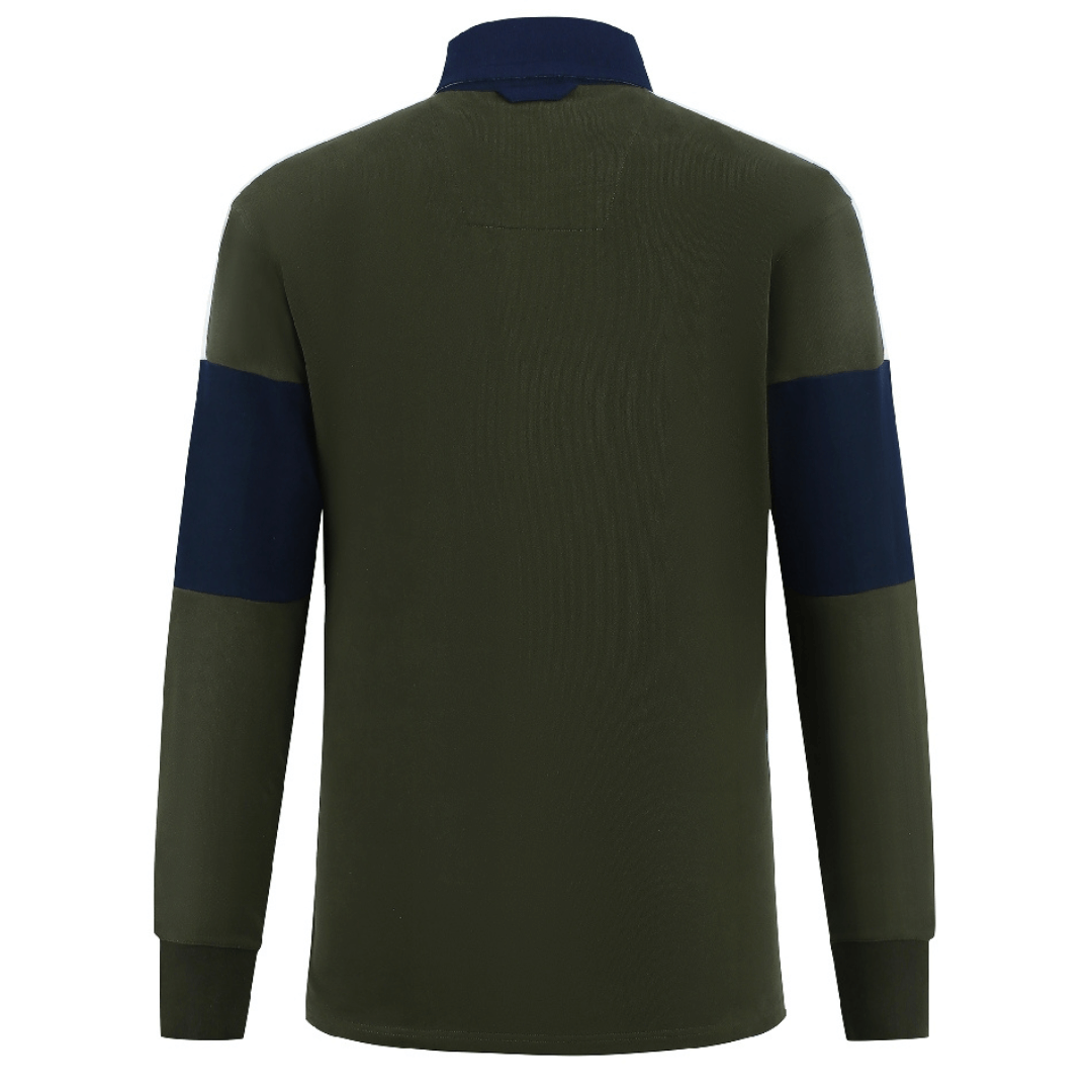 Stewarts Menswear Ritemate Men's Rugby Jersey.  Predominately Duffel bag colour (khaki) with white across shoulders and a navy band around each sleeve with a navy collar. Distinctive Details: Contrast "Windmill" embroidery; Herringbone placket, neck tape, and vent tape; Chambray placket and back; Classic fit; Rubber buttons; Woven fabric collar. Photo shows back view.