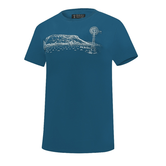 Stewarts Menswear Ritemate Workwear. Pilbara collection Landscape Tee. Colour is Diesel (a teal colour) with white landscape print and windmill printed on front chest.