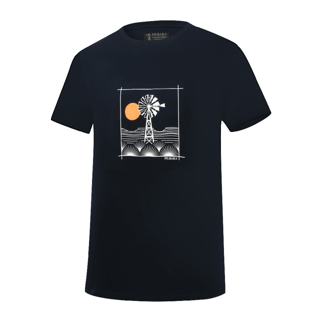 Stewarts Menswear Ritemate Workwear. Pilbara Collection Sunset T-shirt. Colour is French Navy with white sunset print which features a windmill. Setting sun is orange.