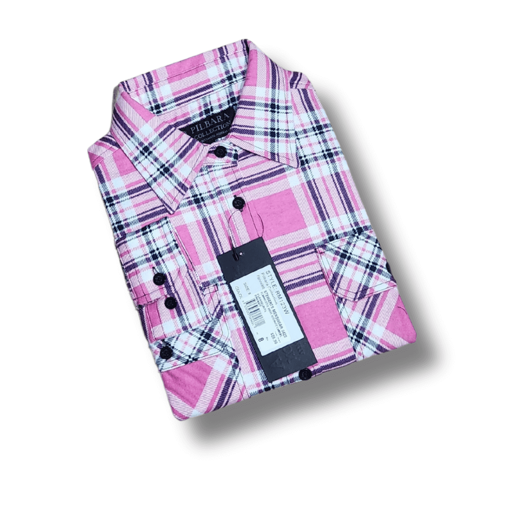 Stewart's Menswear Ritemate Workwear. Pilbara flannelette ladies shirt. Colour is Pink/Navy/White check.