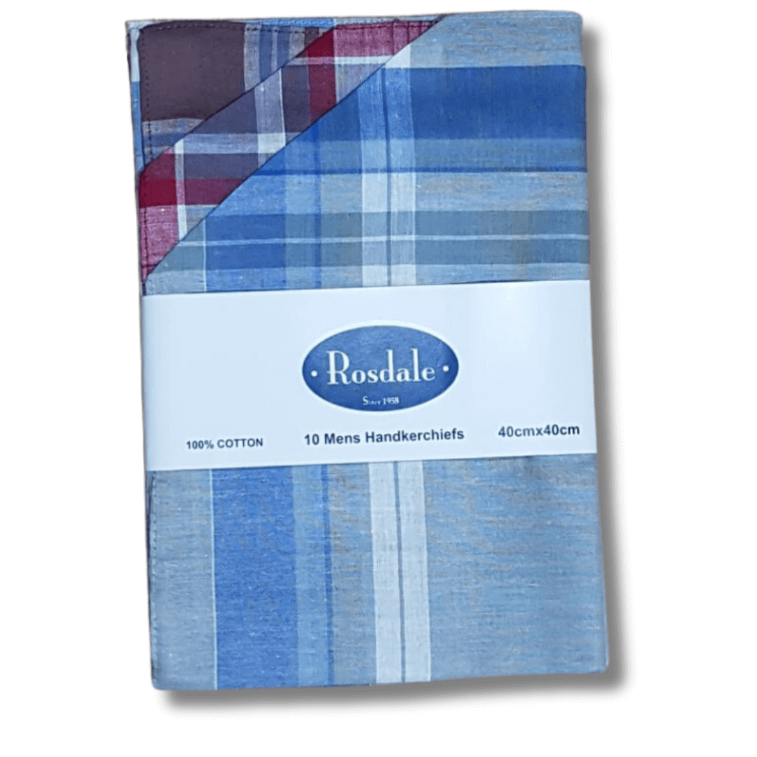 Stewarts Menswear Rosdale Handkerchiefs. Men's Budget pack hankies - check. Rosdale's Pack of 10 Men's Hankies measure 40cm x 40cm.   They are made from 100% cotton and are both soft and durable.  Rosdale is a family owned Australian business that has been supplying the fashion & manchester trades since 1958. 