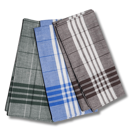 Stewart's Menswear, Mullumbimby. Rosdale Handkerchiefs check. Photo shows a selection of colours in the men's check handkerchiefs sold as single units.