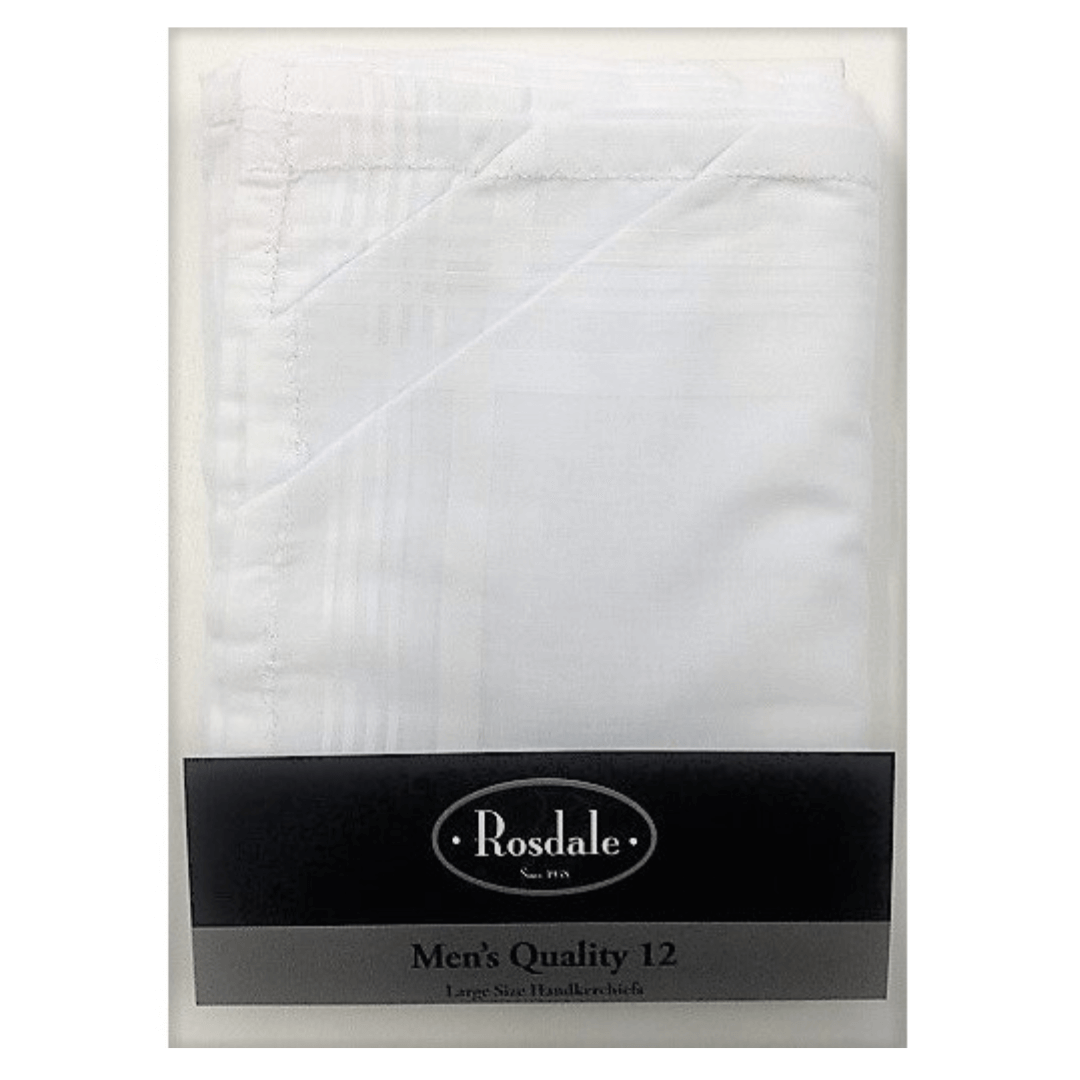Stewart's Menswear Rosdale Handkerchiefs. Men's quality 12 pack hankies - white with hemstitching. Pack of 10 Men's White Hankies  100% cotton 40cm x 40cm  These handkerchiefs are quality with hemstitching.  Rosdale is a family owned Australian business that has been supplying the fashion & manchester trades since 1958. 