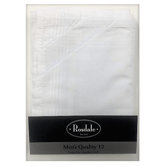 Stewart's Menswear Rosdale Handkerchiefs. Men's quality 12 pack hankies - white with hemstitching. Pack of 10 Men's White Hankies  100% cotton 40cm x 40cm  These handkerchiefs are quality with hemstitching.  Rosdale is a family owned Australian business that has been supplying the fashion & manchester trades since 1958. 