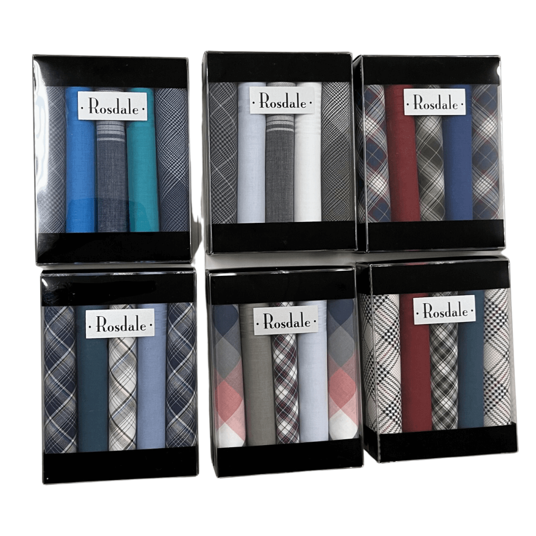 Stewarts Menswear Rosdale Handkerchiefs. Men's Quality 5 pack gift boxed check hankies. This box of 5 deluxe woven handkerchiefs have been sourced from Europe and made of 100% superior cotton with borders of Brocade, Damask and Jacquard, making this a perfect gift idea which can also be easily packaged for posting.  These hankies come to us as assorted boxes, so particular colour sets cannot be guaranteed.