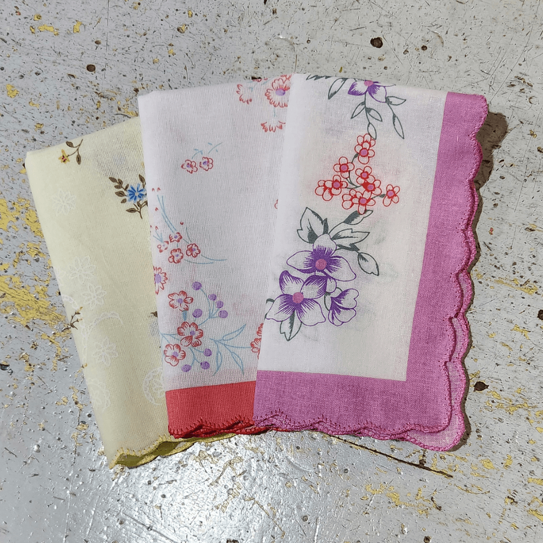 Rosdale floral hankies with scalloped edges available from Stewart's Menswear, Mullumbimby