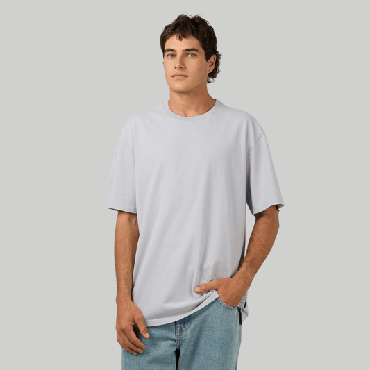 Front view of Silent Theory Acid Essential Fit Tee in purple acid wash, a relaxed fit 250gsm cotton men’s t-shirt available at Stewart’s Menswear Mullumbimby.