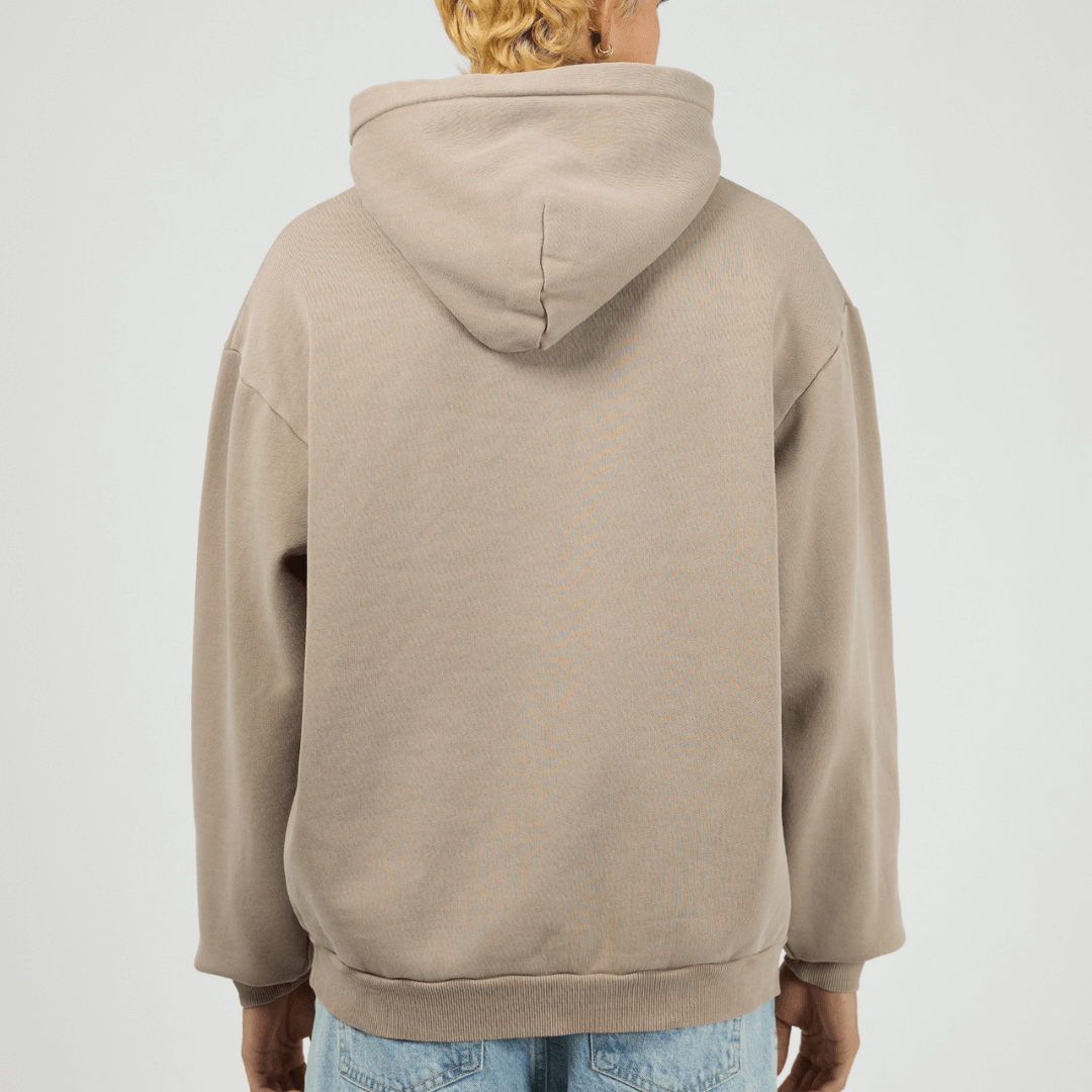 Back view of cement coloured Silent Theory Box Hoodie with hood and kangaroo pocket, available at Stewart’s Menswear Mullumbimby.