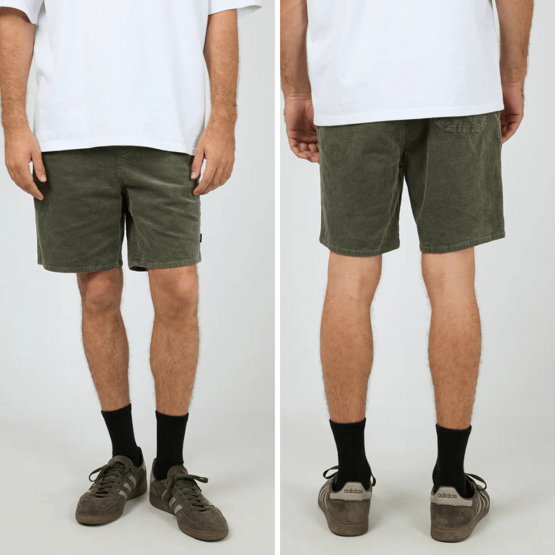 Front and Back view of silent Theory Cord Short available at Stewart’s Menswear Mullumbimby. Men’s cotton corduroy shorts with drawcord waist and relaxed fit.