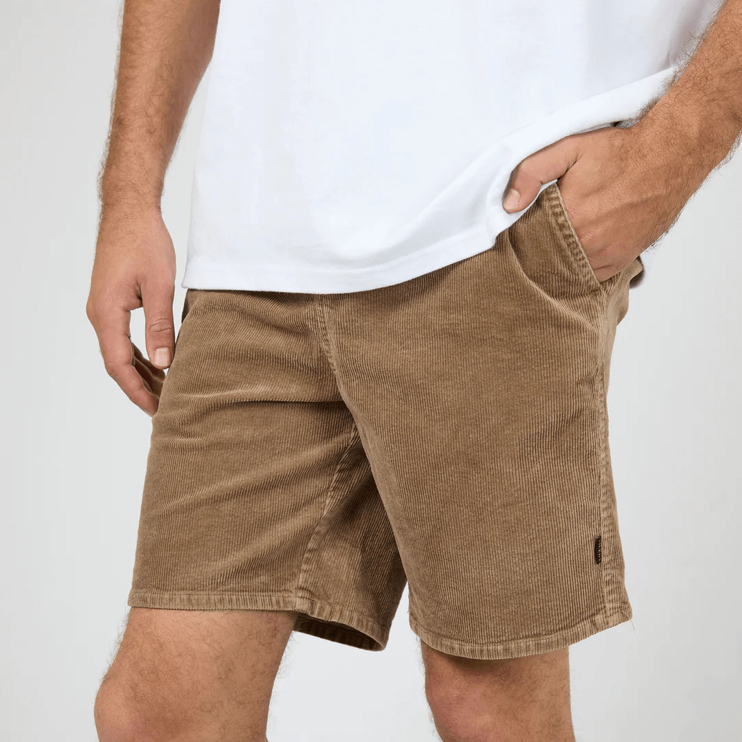 Close up view of silent Theory Cord Short available at Stewart’s Menswear Mullumbimby. Men’s cotton corduroy shorts with drawcord waist and relaxed fit.