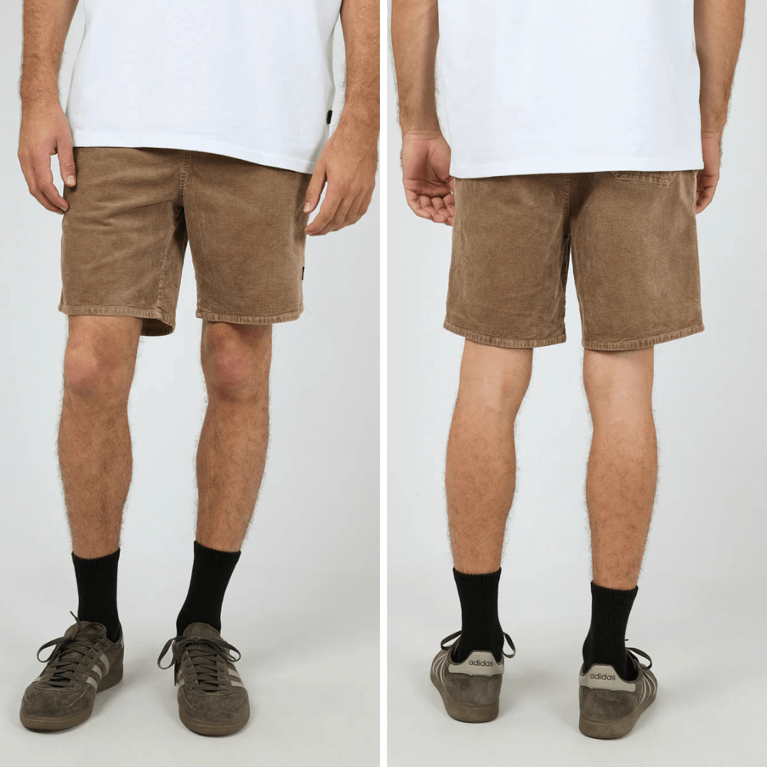 Front and Back view of silent Theory Cord Short available at Stewart’s Menswear Mullumbimby. Men’s cotton corduroy shorts with drawcord waist and relaxed fit.