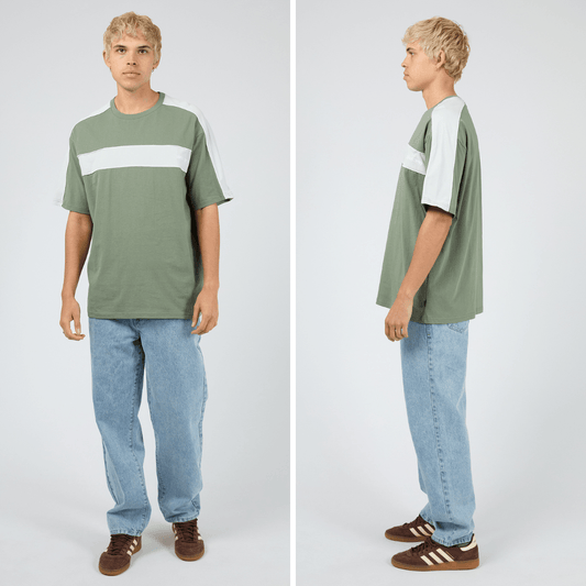 front and side views of Silent Theory Cutback Panelled Tee in eucalyptus green, regular-fit men's cotton tee with panel detailing, available at Stewart's Menswear Mullumbimby.