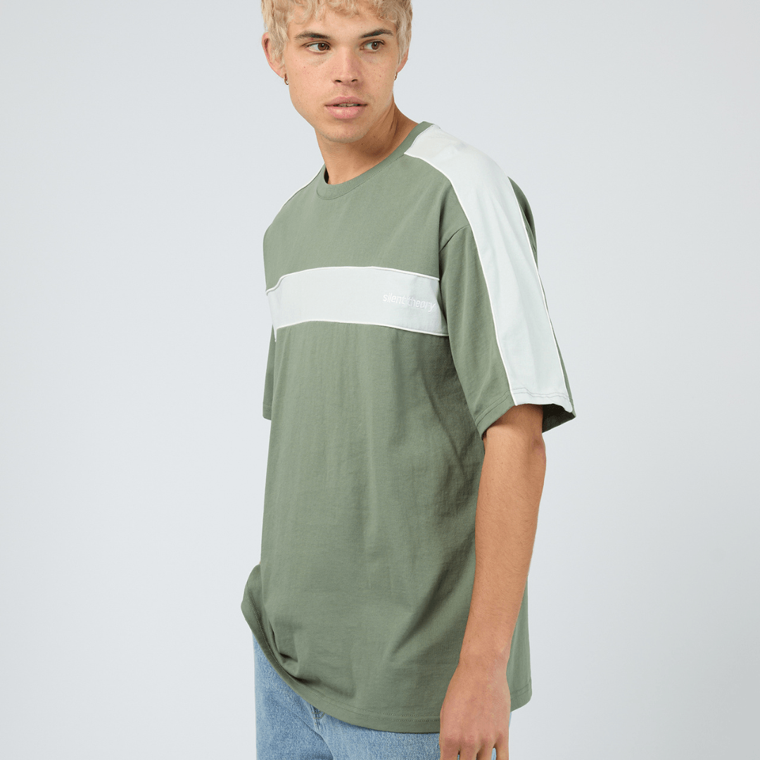 Silent Theory Cutback Panelled Tee in eucalyptus green, regular-fit men's cotton tee with panel detailing, available at Stewart's Menswear Mullumbimby.