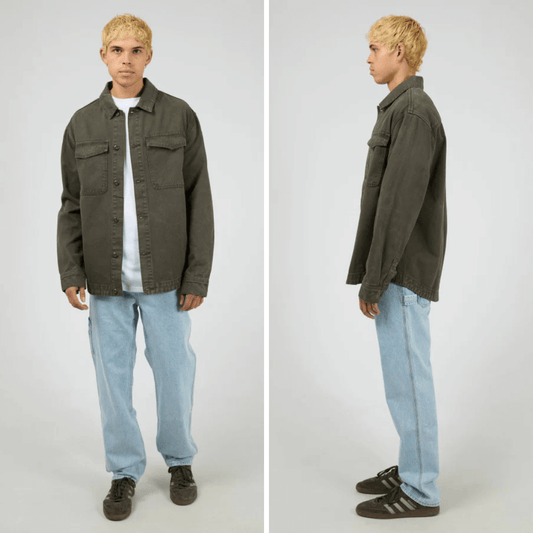 Front and side views of model wearing Silent Theory Fade Overshirt in Khaki available at Stewart's Menswear, Mullumbimby.