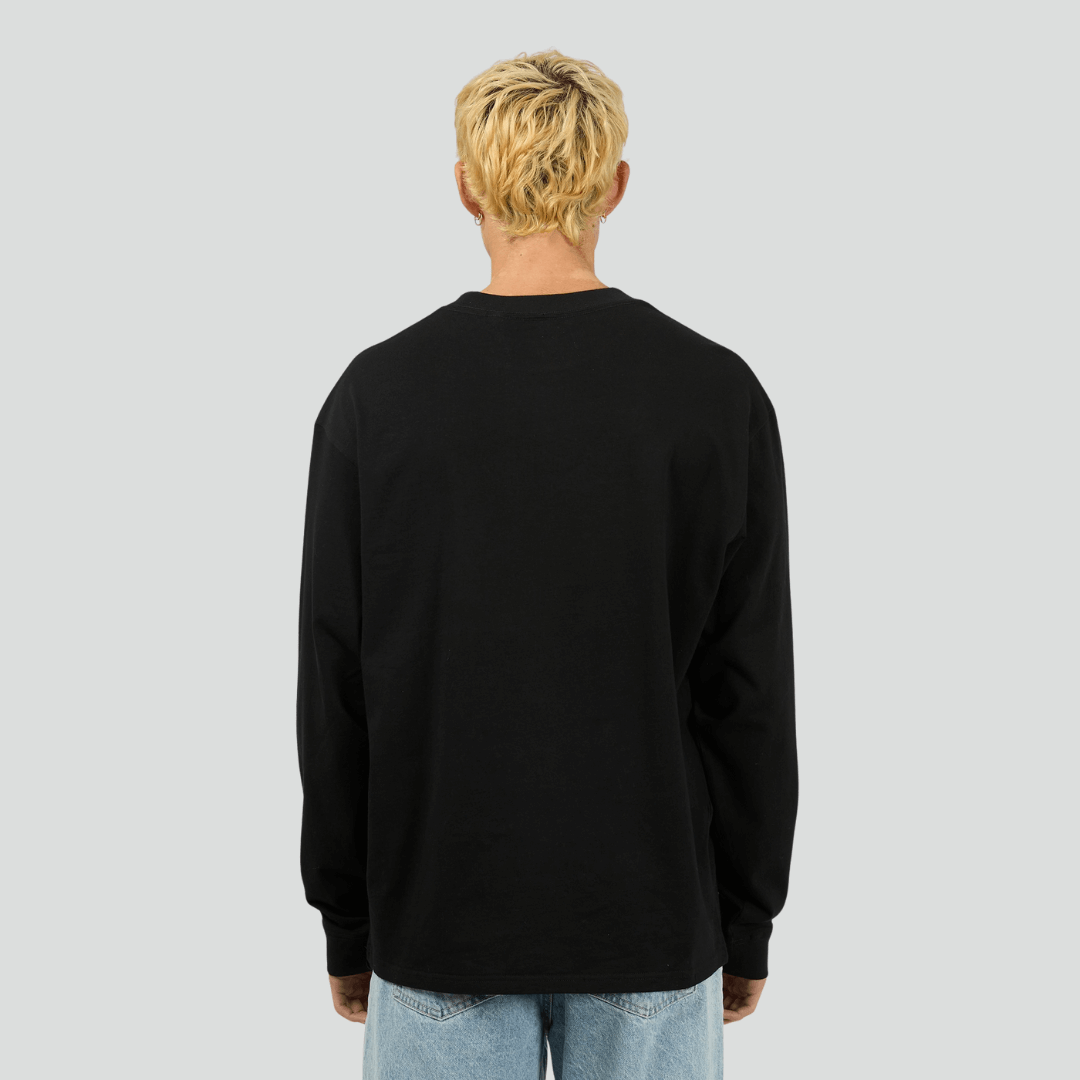 Back view of Black coloured Silent Theory Heavyweight Long Sleeve Tee 280GSM 100% cotton, available at Stewart’s Menswear Mullumbimby.