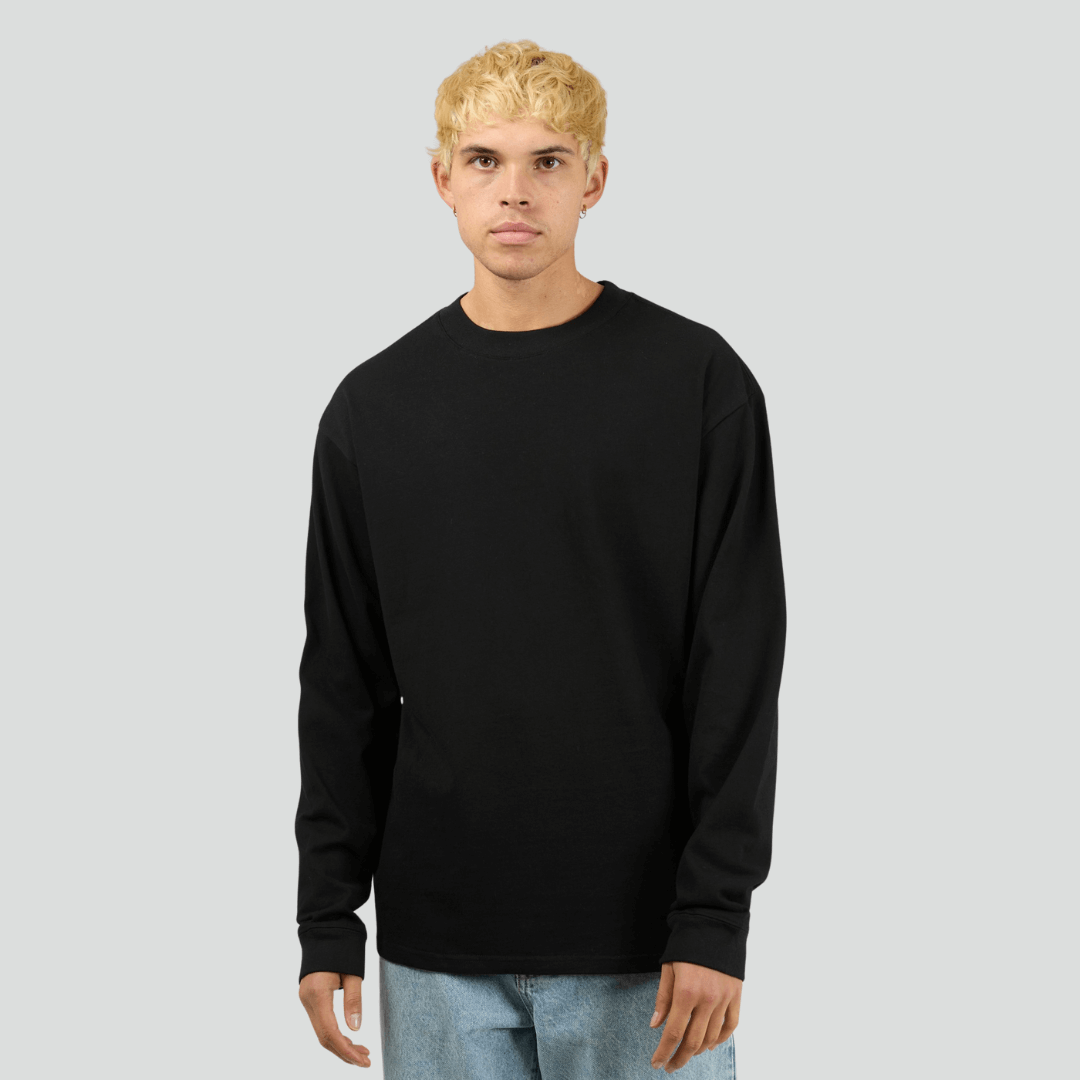 Front  view of Black coloured Silent Theory Heavyweight Long Sleeve Tee 280GSM 100% cotton, available at Stewart’s Menswear Mullumbimby.