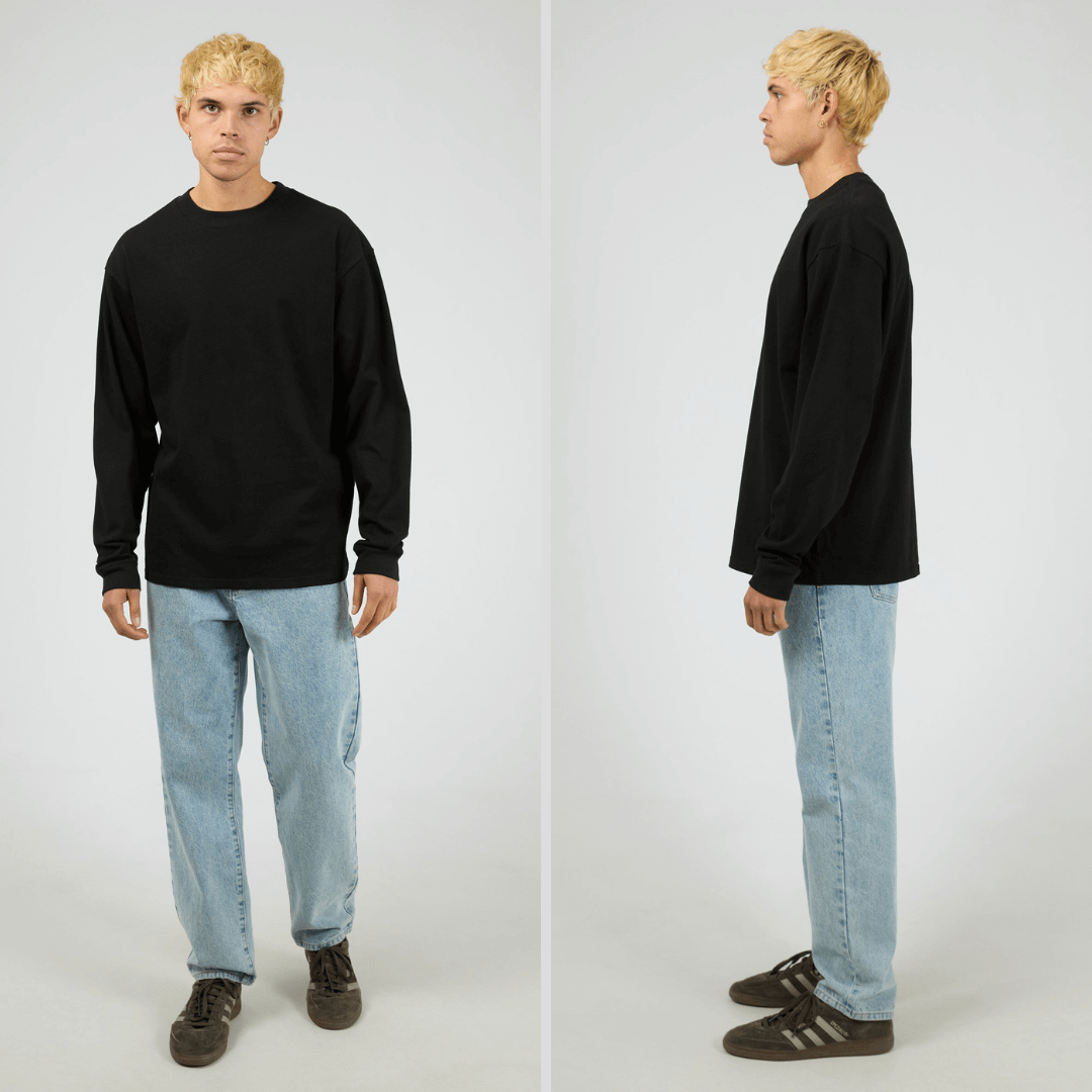 Front and Side views of black coloured Silent Theory Heavyweight Long Sleeve Tee 280GSM 100% cotton, available at Stewart’s Menswear Mullumbimby.