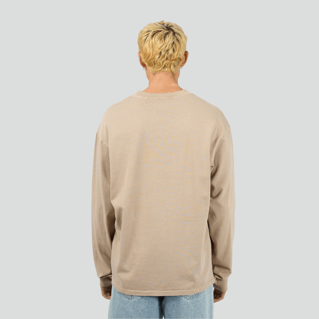 Back view of Tan coloured Silent Theory Heavyweight Long Sleeve Tee 280GSM 100% cotton, available at Stewart’s Menswear Mullumbimby.