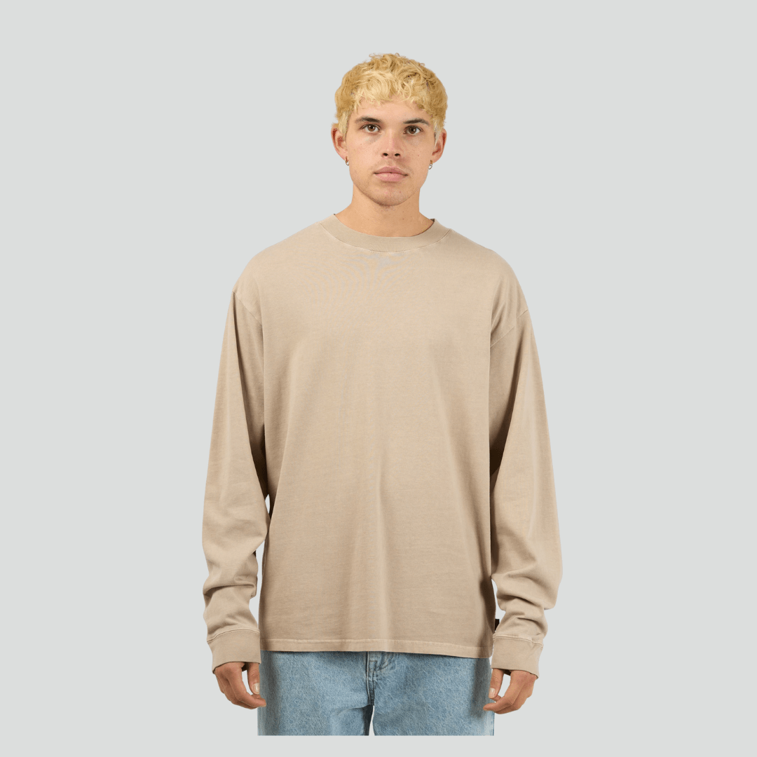 Front view of Tan coloured Silent Theory Heavyweight Long Sleeve Tee 280GSM 100% cotton, available at Stewart’s Menswear Mullumbimby.