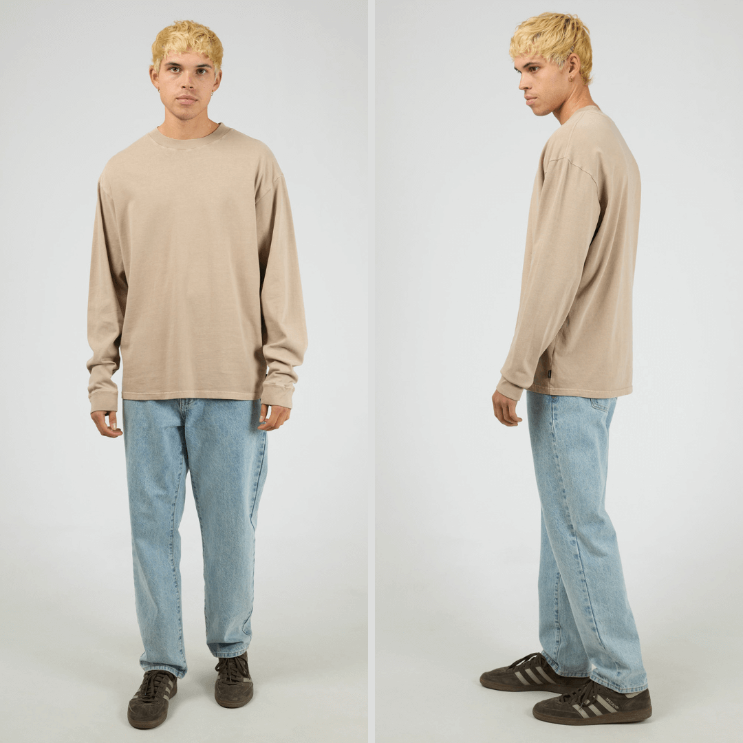 Front and Side views of Tan coloured Silent Theory Heavyweight Long Sleeve Tee 280GSM 100% cotton, available at Stewart’s Menswear Mullumbimby.