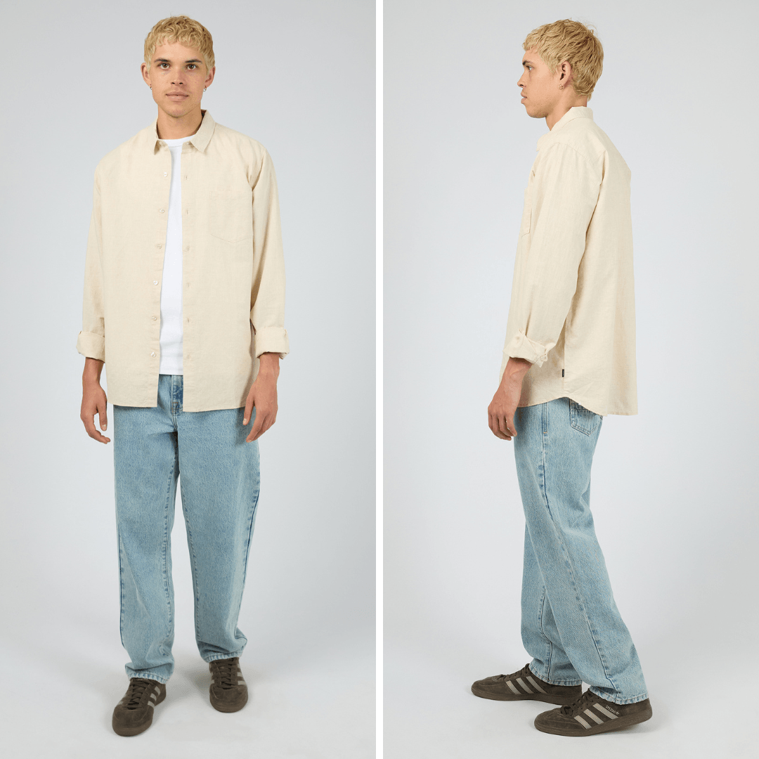 Silent Theory Long Sleeve Linen Shirt in relaxed natural linen with collared neckline and front pocket, available at Stewart's Menswear Mullumbimby.