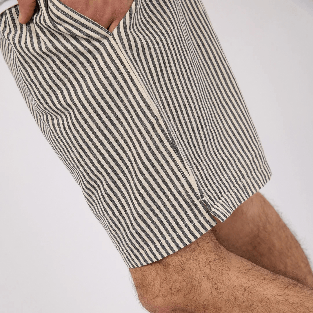 Close up image of Silent Theory Stripe Linen Short in navy and natural stripe, men's elastic waist cotton-linen shorts available at Stewart's Menswear Mullumbimby.