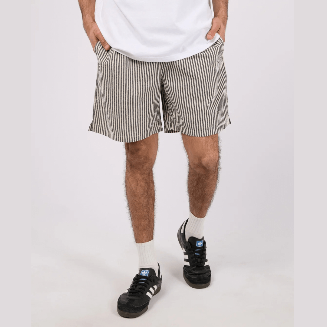 Silent Theory Stripe Linen Short in navy and natural stripe, men's elastic waist cotton-linen shorts available at Stewart's Menswear Mullumbimby.