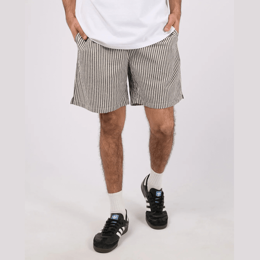 Silent Theory Stripe Linen Short in navy and natural stripe, men's elastic waist cotton-linen shorts available at Stewart's Menswear Mullumbimby.