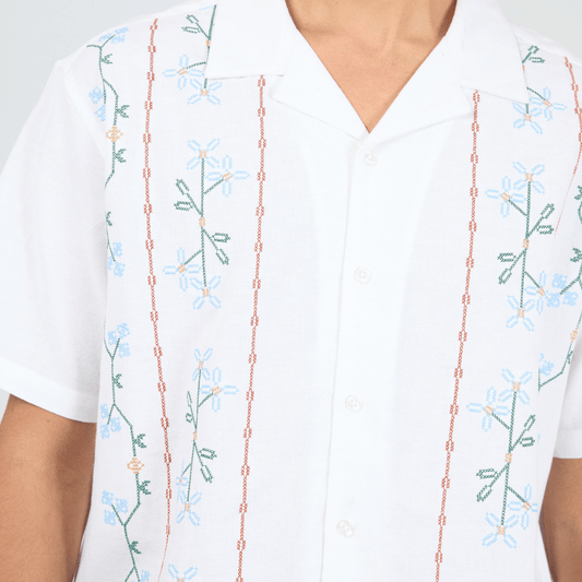 Silent Theory Theo Short Sleeve Shirt in white with blue and green floral embroidery and rust linear detailing, available at Stewart's Menswear Mullumbimby.