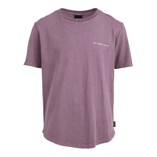 St Goliath Acid Essential Fit Tee in purple, a soft cotton men's t-shirt with small chest print, available at Stewart's Menswear Mullumbimby.