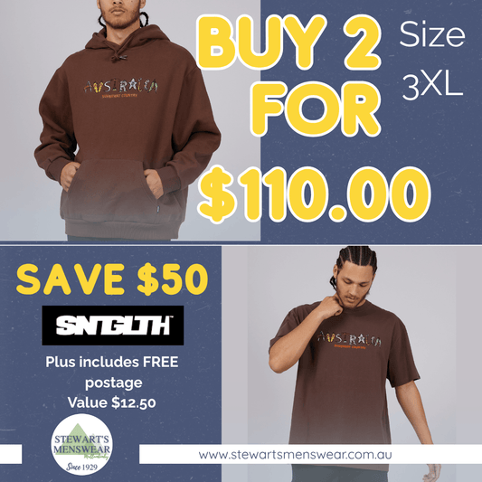 Promotional graphic for a St Goliath Hoodie and T-Shirt bundle available at   Stewart's Menswear, Mullumbimby