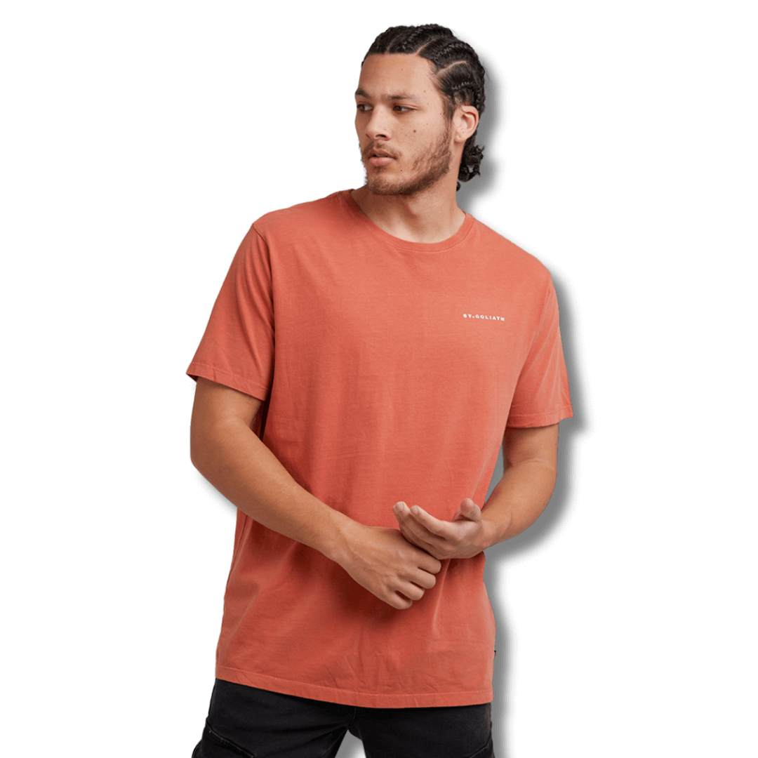 Stewarts Menswear St Goliath Essential Tee. A short sleeve tee with crew neckline made from 100% cotton with raised rubber St. Goliath logo on chest. Colour is Amber