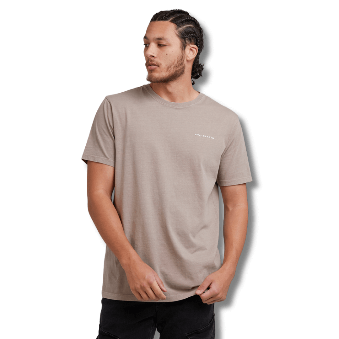 Stewarts Menswear St Goliath Essential Tee. A short sleeve tee with crew neckline made from 100% cotton with raised rubber St. Goliath logo on chest. Colour is Mushroom.