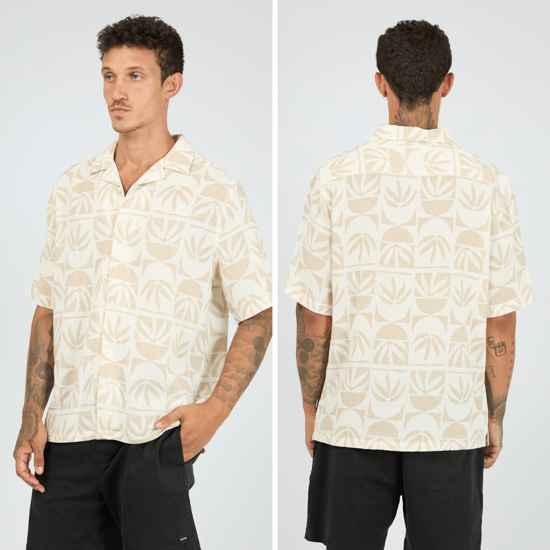 St Goliath Hour Glass Short Sleeve Shirt in cream with sand geometric print and open collar, available at Stewart's Menswear Mullumbimby.