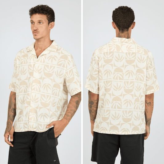 St Goliath Hour Glass Short Sleeve Shirt in cream with sand geometric print and open collar, available at Stewart's Menswear Mullumbimby.