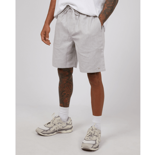 Stewarts Menswear St Goliath Linen blend jogger short. Colour is light grey. Photo shows close up of model wearing Linen blend jogger shorts. Front View