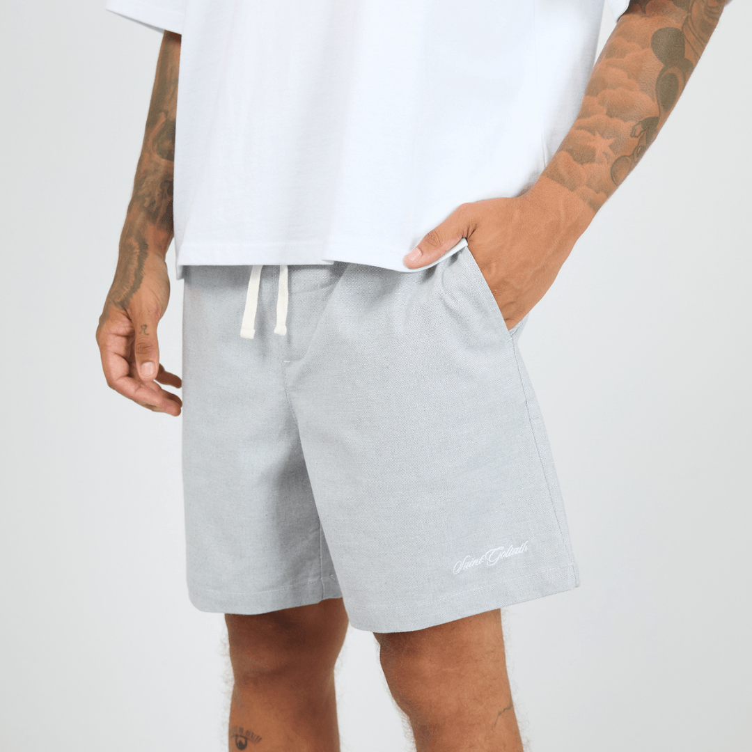 Close up View of St Goliath 17" Linen Blend Volley shorts showing embroidery on leg, breathable cotton linen blend available at Stewart's Menswear Mullumbimby.