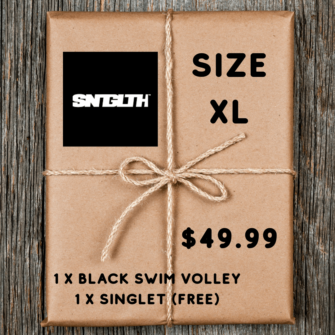 Black St Goliath Swim Volley shorts with a free surprise-colour St Goliath singlet, size XL, available at Stewart's Menswear Mullumbimby.