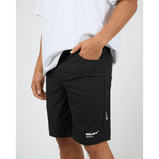 St Goliath Omni Short in black, relaxed fit nylon-elastane shorts with belt loops and drawcord available at Stewart's Menswear Mullumbimby.
