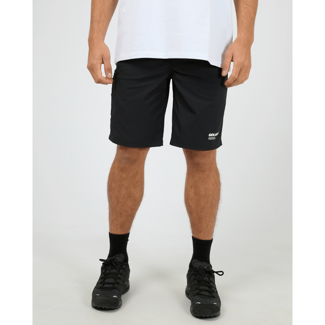 St Goliath Omni Short in black, relaxed fit nylon-elastane shorts with belt loops and drawcord available at Stewart's Menswear Mullumbimby.