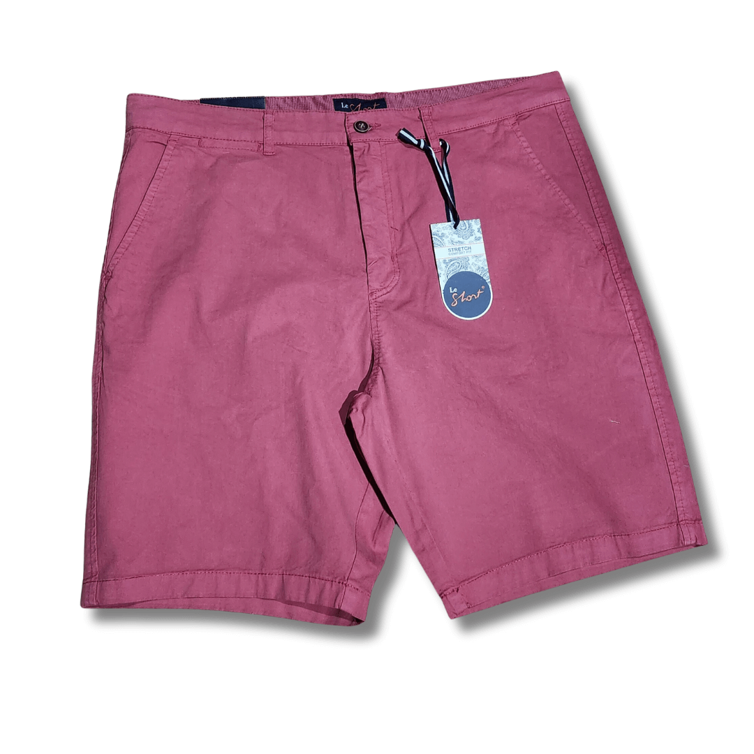 Stewarts Menswear Le Short stretch cotton shorts. Made with a blend of 97% cotton and 3% spandex, they offer a comfortable and flexible fit that moves with you throughout the day.   These shorts come in a range of classic colours, making them easy to pair with your favourite summer shirts, and with a range of sizes available, there is a perfect fit for every body type. Colour is Melon, Front View.