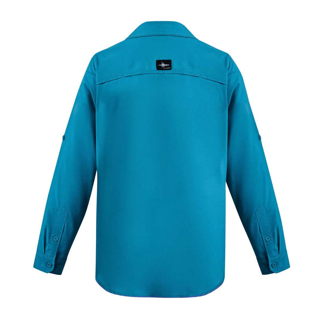 Back view of the Syzmik Outdoor Shirt in Diesel showing the upper back vent and roll-up tab sleeves, available at Stewart's Menswear Mullumbimby.